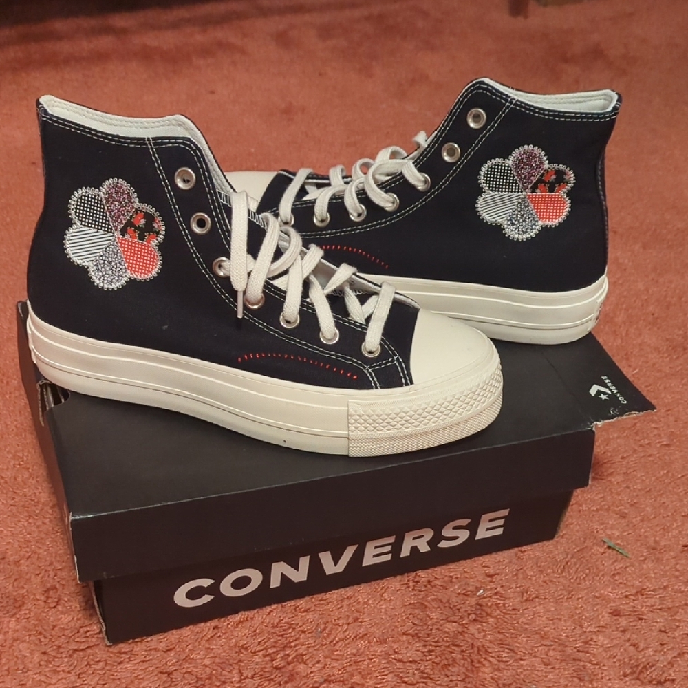 Converse Women's Black High-Top Canvas Sneakers with Multicolor Floral Patch